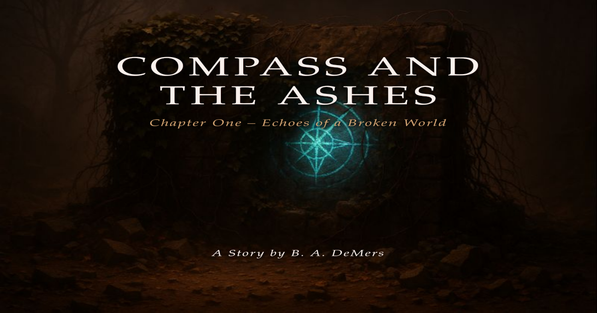 Quantum compass pendant glowing with golden light against post-apocalyptic ruins of Eden City at dusk, with broken towers silhouetted against an amber sky and floating ash particles