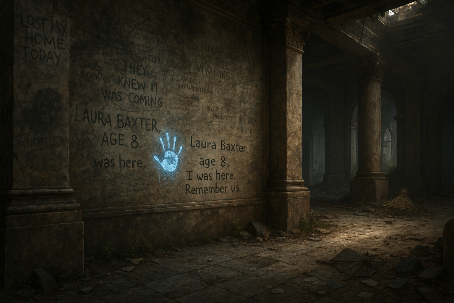 A decaying marble lobby of a ruined bank with walls covered in countless layered messages written in charcoal, faded paint, and ink. In the center, a small child's handprint glows with soft blue-white bioluminescent quantum paint. Beside it, uneven handwriting reads 'Laura Baxter, age 8. I was here. Remember us.' Other quantum-painted messages pulse faintly across the walls. Dust motes drift in pale light filtering through broken architecture. A decaying marble lobby of a ruined bank with walls covered in countless layered messages written in charcoal, faded paint, and ink. In the center, a small child's handprint glows with soft blue-white bioluminescent quantum paint. Beside it, uneven handwriting reads 'Laura Baxter, age 8. I was here. Remember us.' Other quantum-painted messages pulse faintly across the walls. Dust motes drift in pale light filtering through broken architecture.