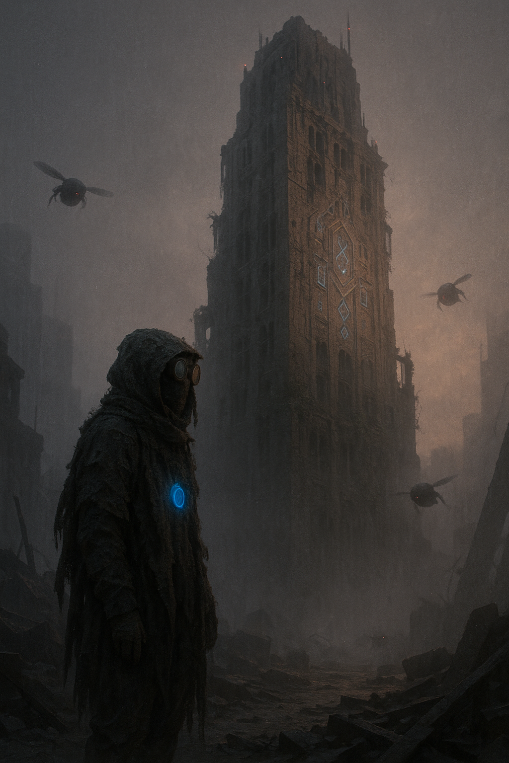 A towering ruined skyscraper in Eden City's Financial District at dawn, its jagged summit silhouetted against a golden-amber sky. The fractured facade reveals floors of broken glass and exposed steel, with concentric circle symbols carved into marble walls catching the first light. Mist curls through the lower ruins as wildflowers push through cracked pavement. A towering ruined skyscraper in Eden City's Financial District at dawn, its jagged summit silhouetted against a golden-amber sky. The fractured facade reveals floors of broken glass and exposed steel, with concentric circle symbols carved into marble walls catching the first light. Mist curls through the lower ruins as wildflowers push through cracked pavement.