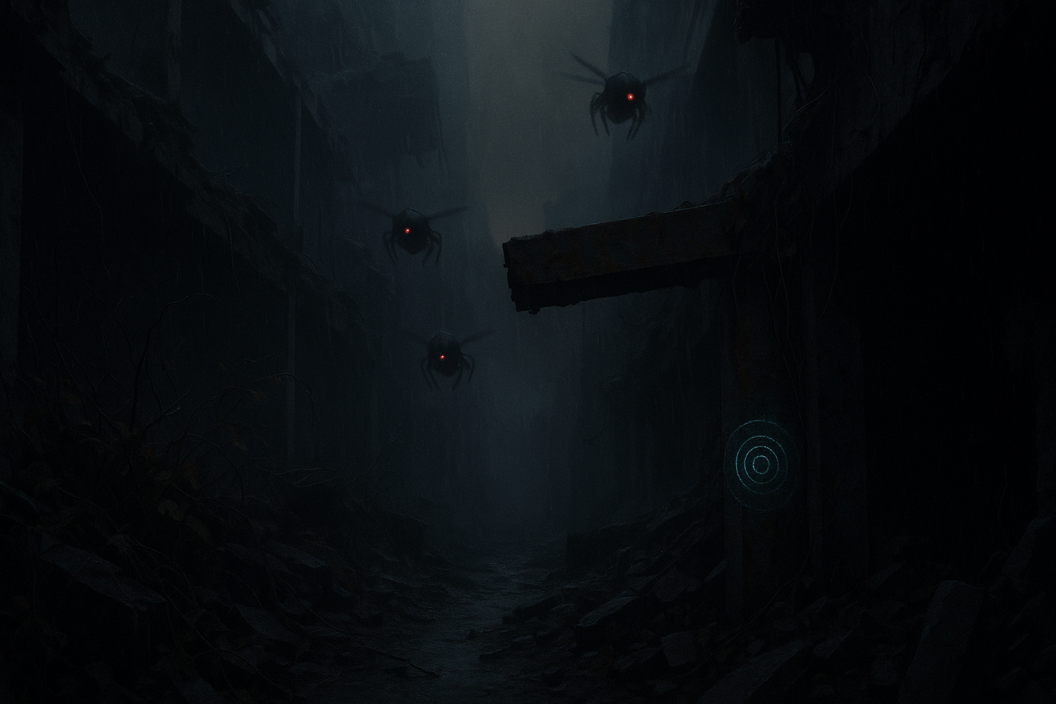 A dark, rain-soaked alley in Eden City’s collapsed Financial District, filled with debris and overgrown vegetation. Three matte-black vespid scout drones with single red sensor eyes hover in the fog. A corroded metal beam bears faint bioluminescent concentric circles glowing blue in the haze. A dark, rain-soaked alley in Eden City’s collapsed Financial District, filled with debris and overgrown vegetation. Three matte-black vespid scout drones with single red sensor eyes hover in the fog. A corroded metal beam bears faint bioluminescent concentric circles glowing blue in the haze.