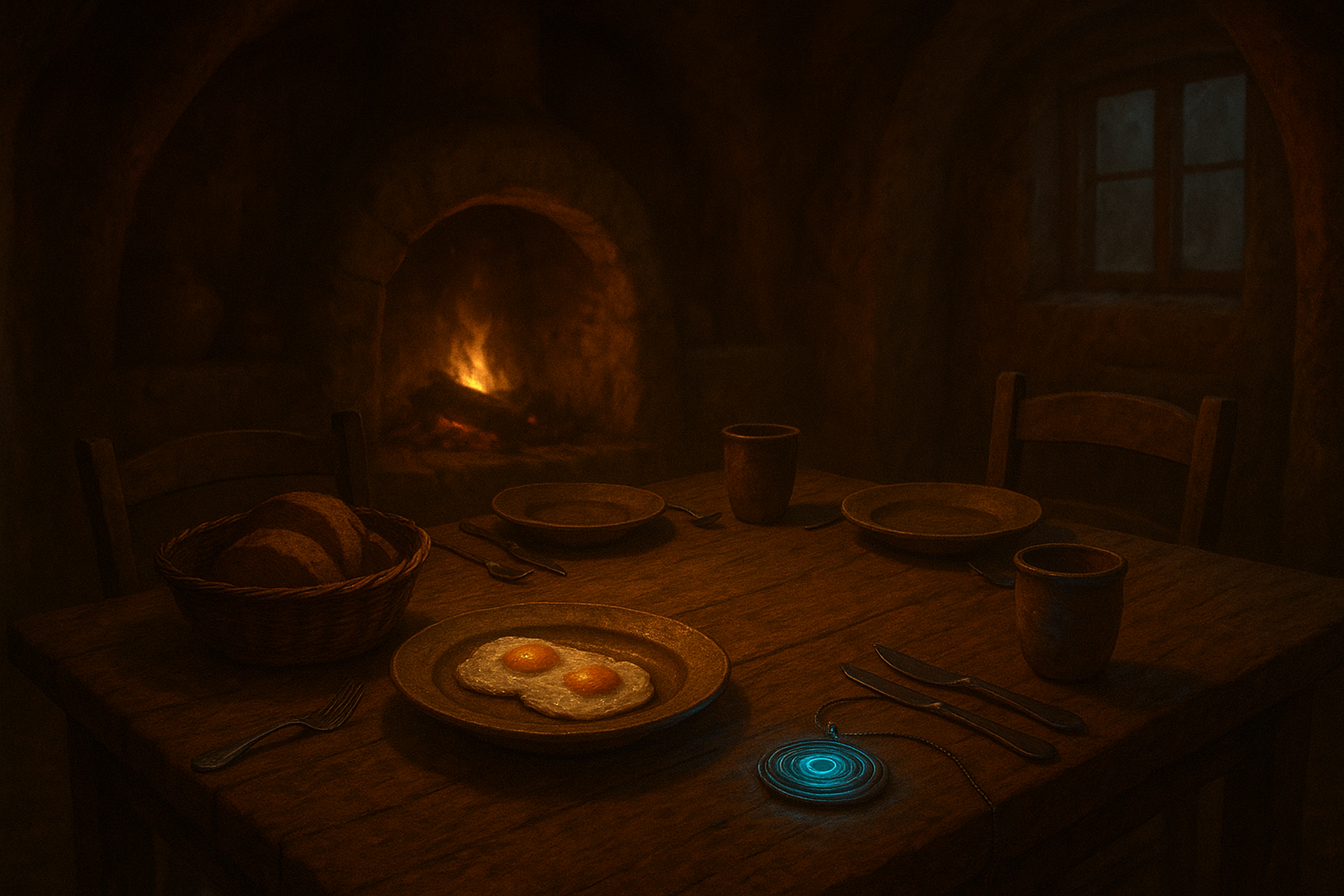 A rustic underground dining area with warm firelight. A wooden table holds a plate of fried eggs, a basket of sliced bread, clay cups and plates, and a blue bioluminescent compass pendant glowing faintly beside the place settings. A rustic underground dining area with warm firelight. A wooden table holds a plate of fried eggs, a basket of sliced bread, clay cups and plates, and a blue bioluminescent compass pendant glowing faintly beside the place settings.