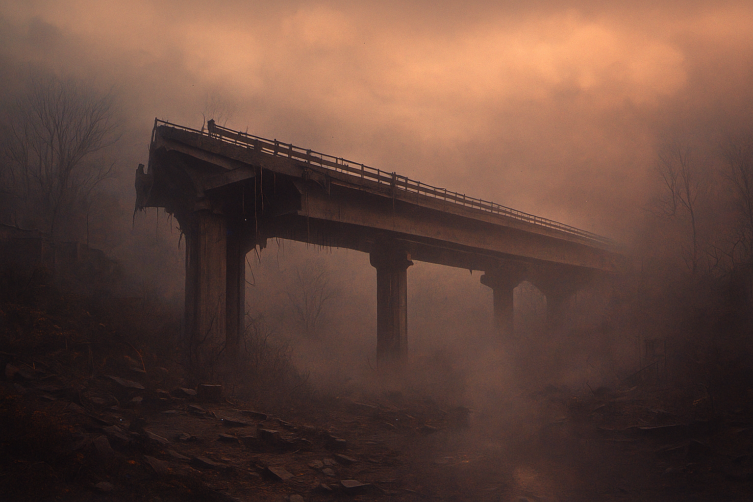 Eden City's broken overpass - a bridge to nowhere A decaying overpass rises out of a fog-shrouded valley at dusk, its fractured concrete edges silhouetted against a soft ember sky. The bridge abruptly ends in midair, surrounded by mist and barren trees. Crumbled debris and dark stone litter the ground below, while faint light filters through the haze, evoking a sense of quiet desolation.